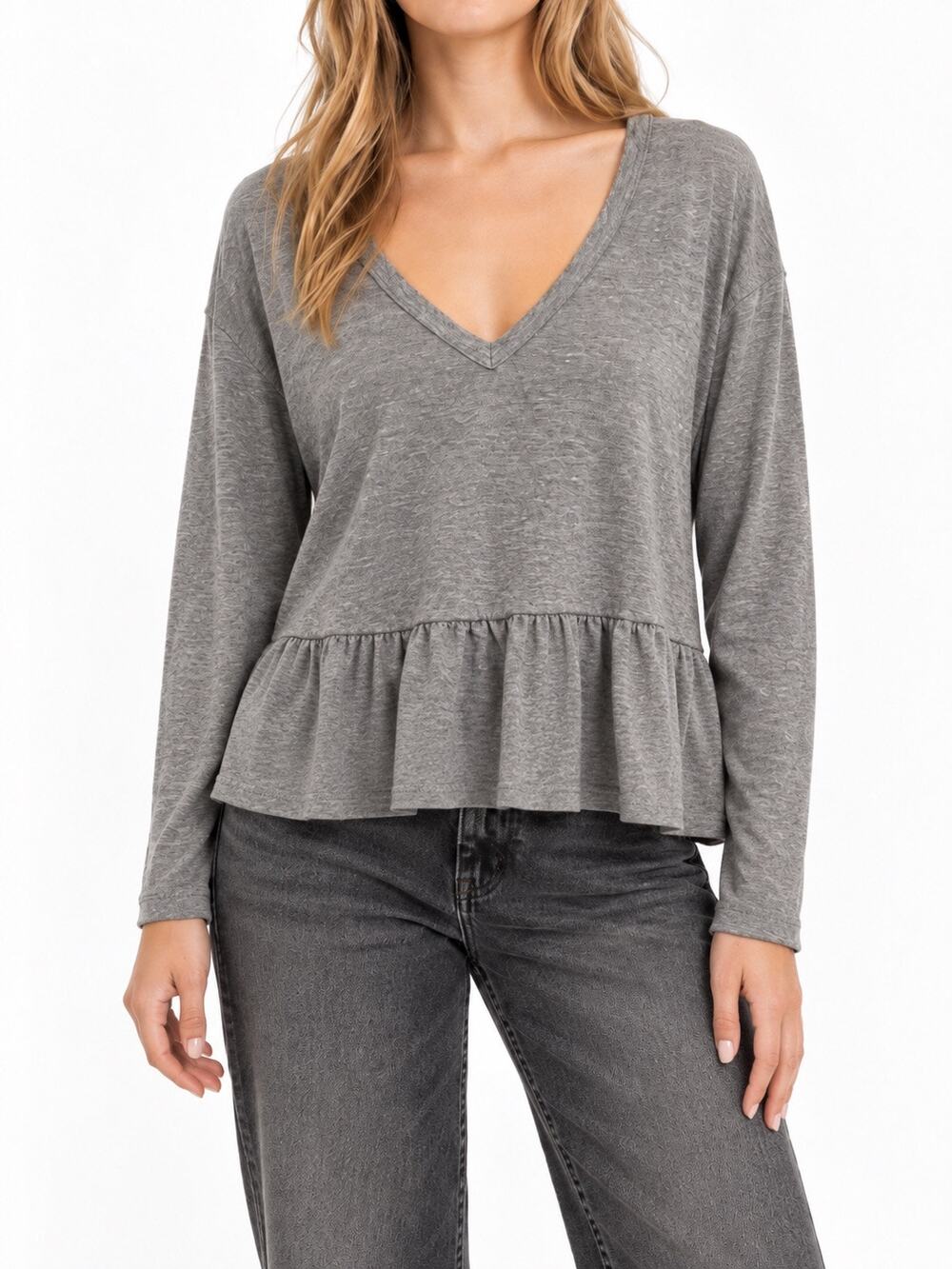 URBAN OUTFITTERS Truly Madly Deeply Gray Ruffle Hem Peplum V Neck Top NWT Medium